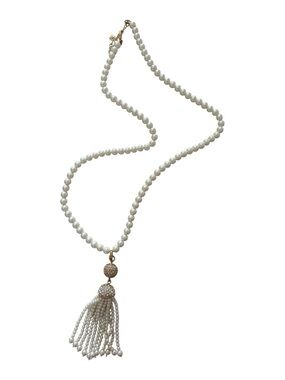 Talbots Long Pearl Tassel Necklace with gemstones gold hardware